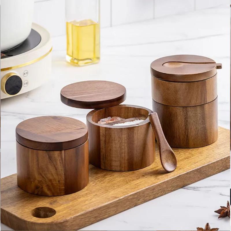 Salt Cellar with Spoon and Swivel Lid, Acacia Wood Salt Salt Keeper, Wood Jar for Kitchen, Perfect for Storing Seasonings