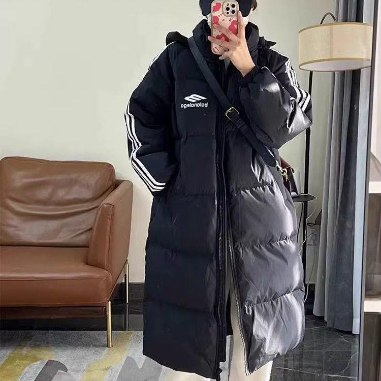 Women's 2023 Korean Style Long Down Jacket, Over-the-Knee, Three-Stripe, Thickened, Loose Fit, White Duck Down, Couple's Coat.