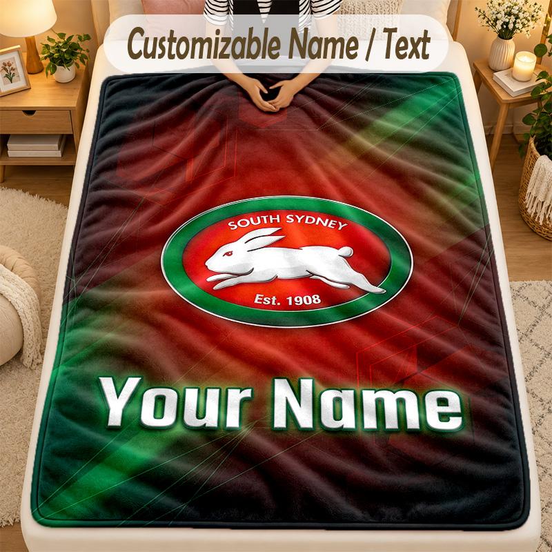 Flannel BlanketSouth Sydney Rabbitohs Custom Name Text Personalized Soft Warm Throw Blanket Home Decor Gift