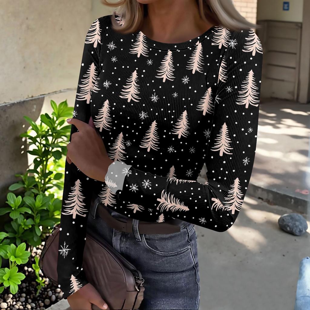Women's Slim Fit Long Sleeve T-Shirt with Christmas Print Neck Pullover Top