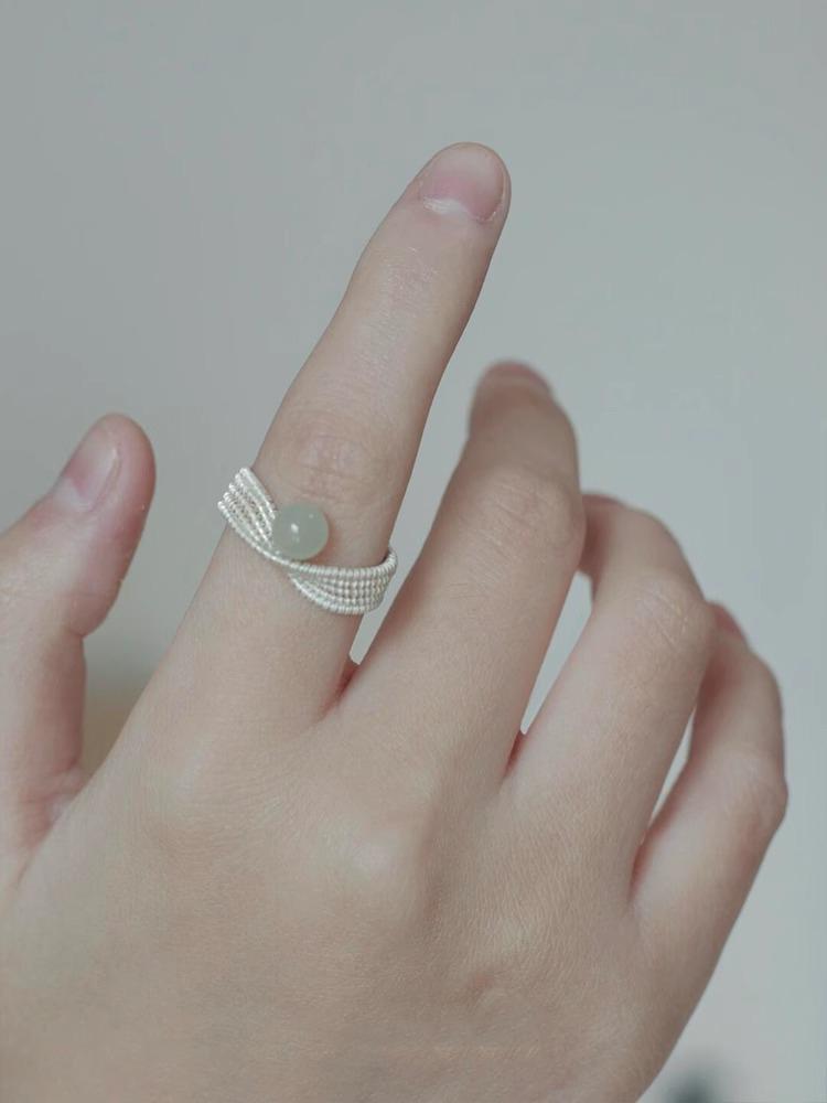 Sterling Silver Braided Line Hotan Jade Ring Female Minority Design National Style Ring