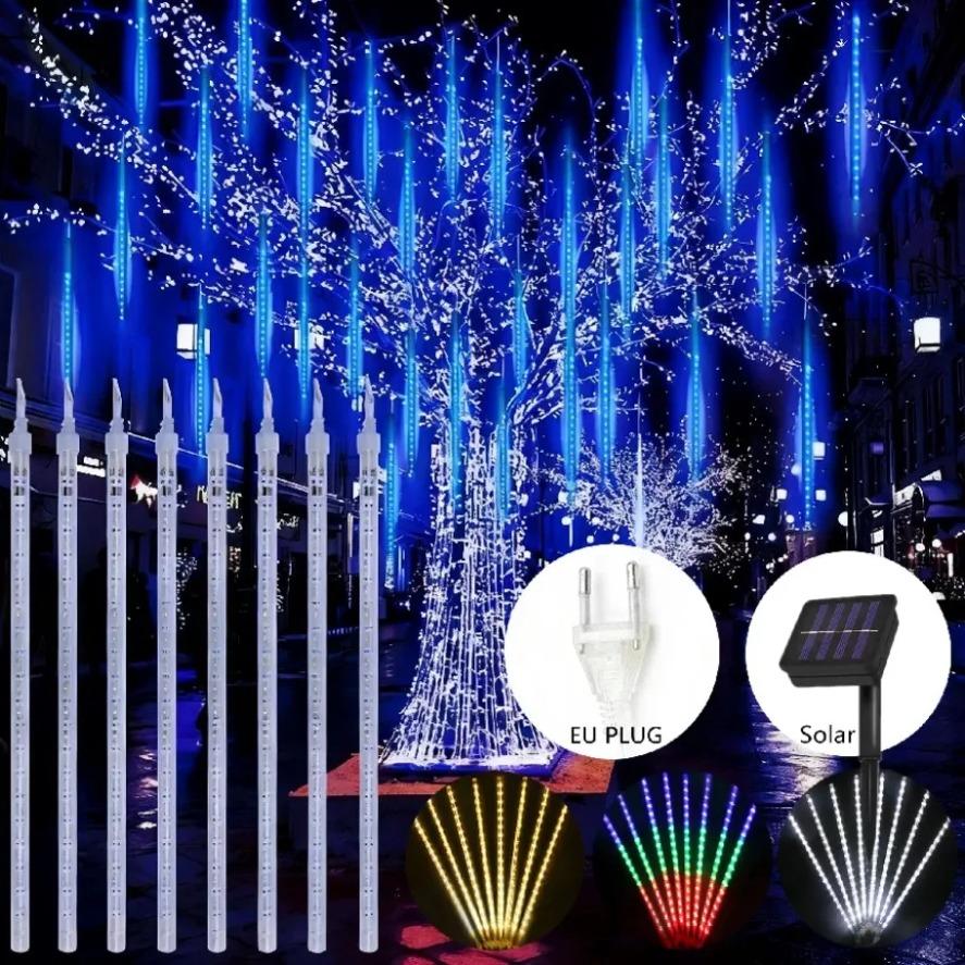 8 Tubes Solar/EU LED Meteor Shower Rain Lights Fairy String Light Waterproof Falling Raindrop Holiday Party Patio Decor 30/50CM