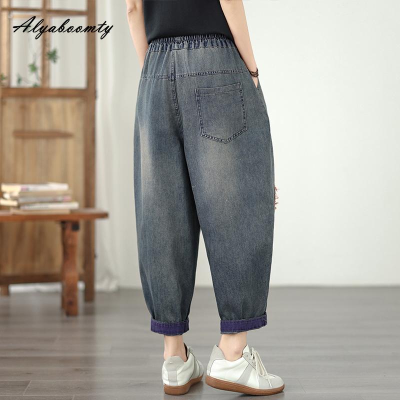 Korean Style Spring Summer Women Soft Jeans Elastic Waist Cartoon Embroidery Harem Jeans Casual Loose Vintage Basic Ladies' Jeans
