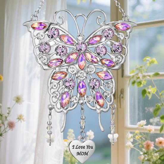Rhinestones Butterfly Sun Catcher Metal Wind Chime with "I Love You Mom" Heart Handmade Gift for Mother's Day