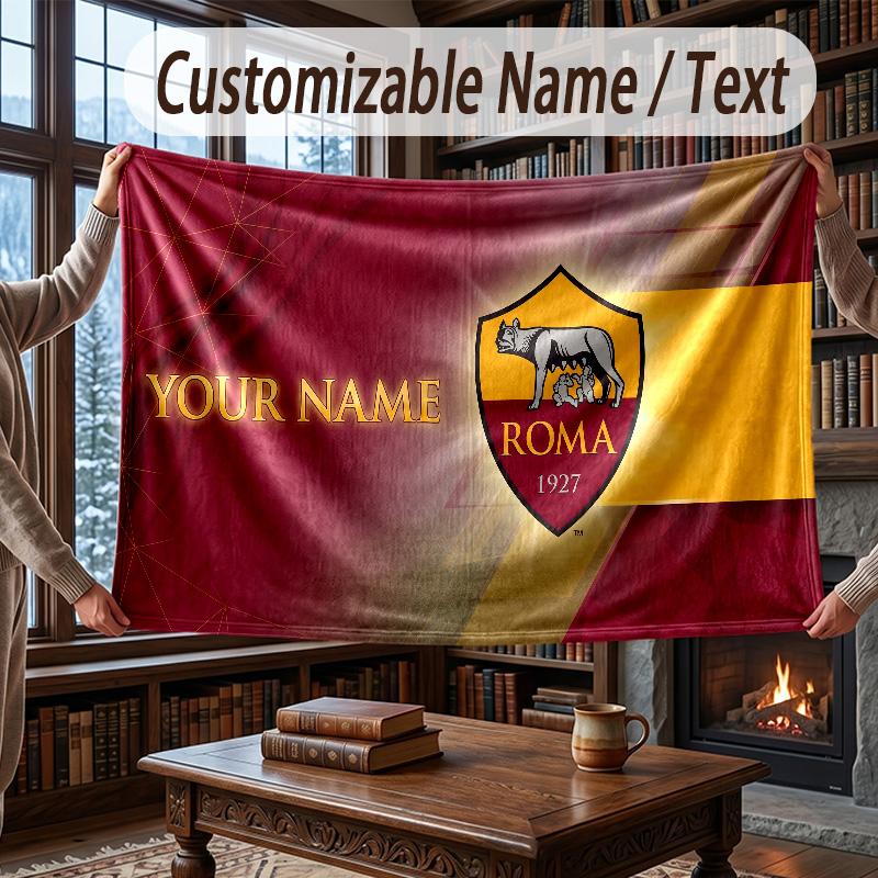Custom Name Flannel Throw Blanket AS Roma FC Pattern Warm Home Decoration