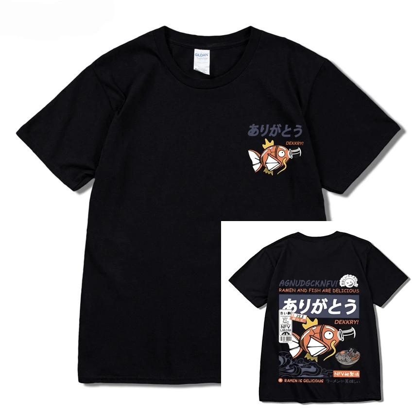 Japonské zábavné ramen rybí potisk hip hop léto pánské ležérní pohodlné bavlněné tričko s krátkým rukávem