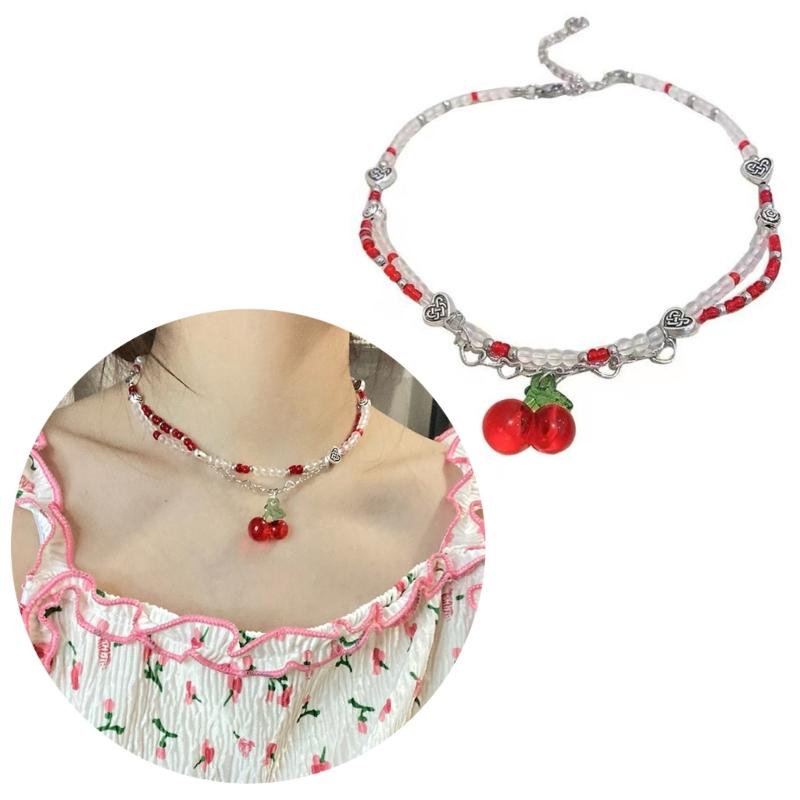 Cute Fruit Cherries Chokers Necklaces For Women Girls Fashion Red White Bead Handmade Beaded Necklace Jewelry Gift