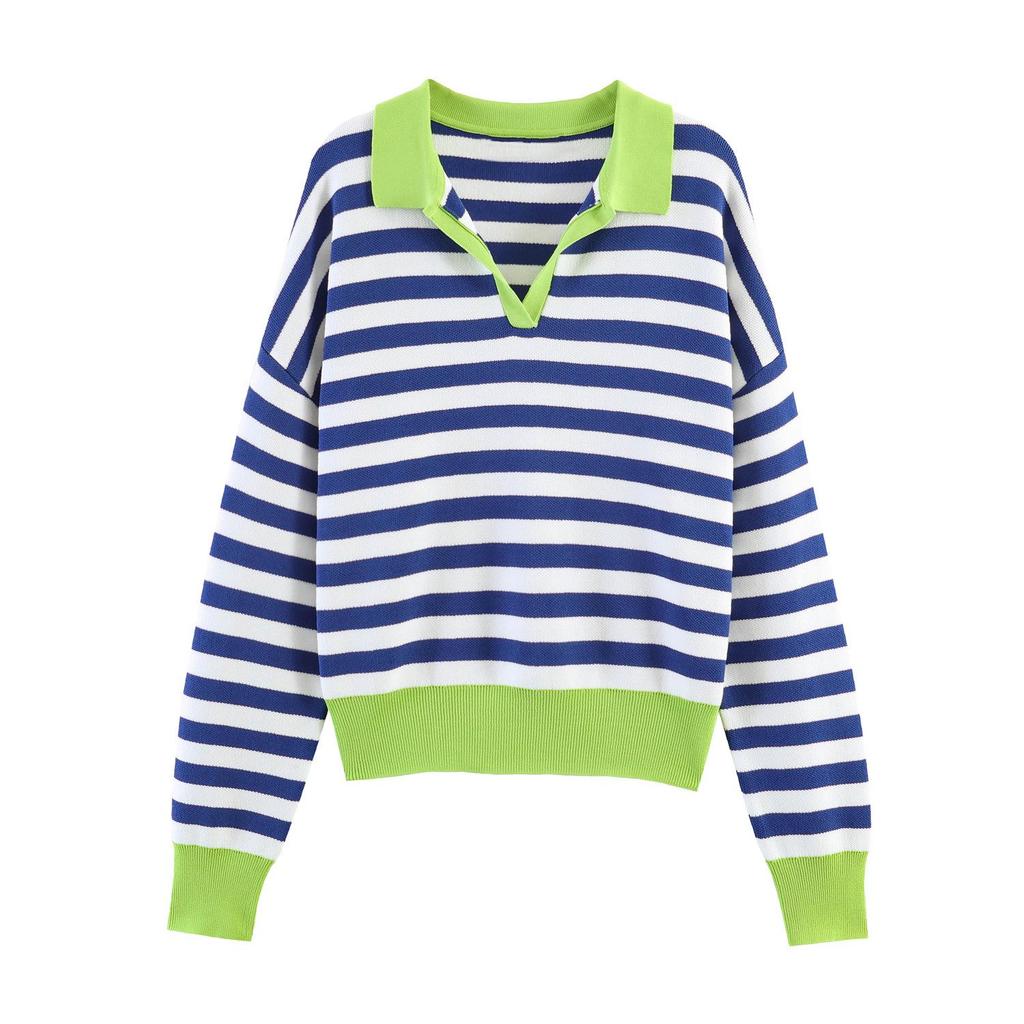 2026 European Spring Women's Striped Lapel Long Sleeve Knitwear