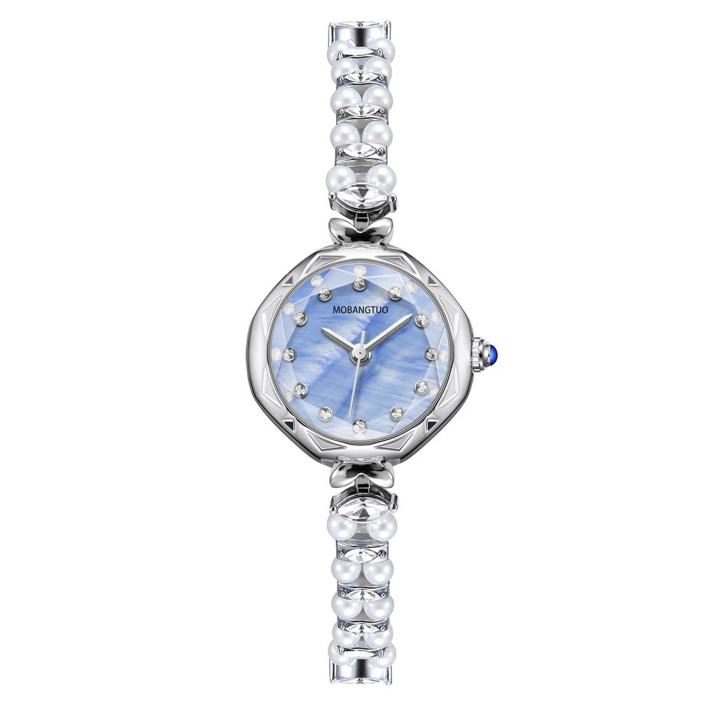 2025 Silver ladies pearl bracelet alloy case rhinestone scale French elegant fashion fairy quartz watch party gift for ladies.