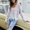 BITCED Women's Oversized Cropped V-Neck Sweater Women's Knit Sweater with Fringe for Fall/Winter
