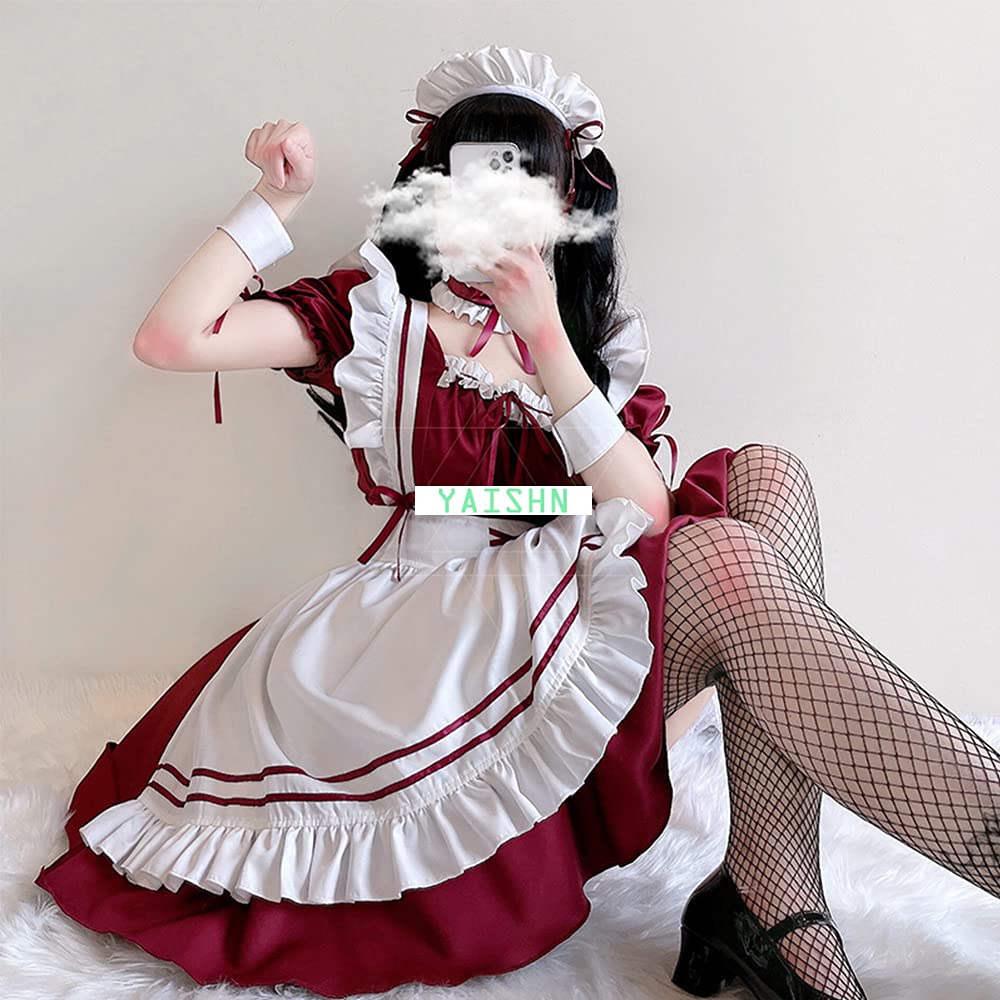 YAISHN Gothic Lolita Maid Halloween Short Bow Pink or Includes Knitted Tights and Headband Outfit, Cute, Popular, Costume, Women's, Cosplay, Sleeves,