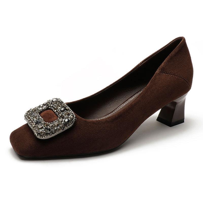 French square head single shoes women's middle heel 2025 new spring and autumn women's shoes rhinestone square buckle thick heel high heels are not t