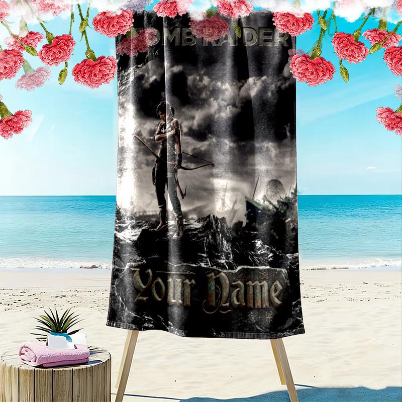 Name Custom Tomb Raider Print Beach Towel, Large Soft Quick Dry Towel for Beach Camping Swimming