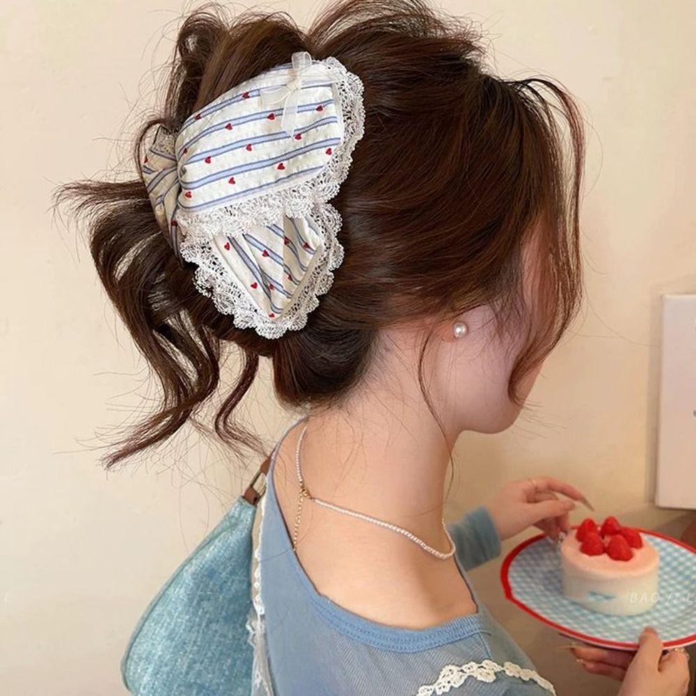 Creative Polka Dot Cloth Triangle Hair Claw Cute Heart Large Shark Clip Fabric Bowknot Pearl Hairpin Female
