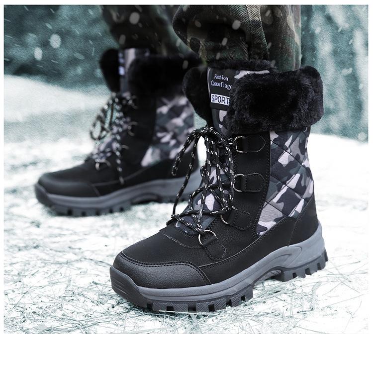 Damen Winterstiefeletten mit Camouflage-Muster, lässig, PU-Canvas, zum Schnüren, warme Baumwollschuhe für den Außenbereich, große hohe Stiefel, dicke rutschfeste Schuhe