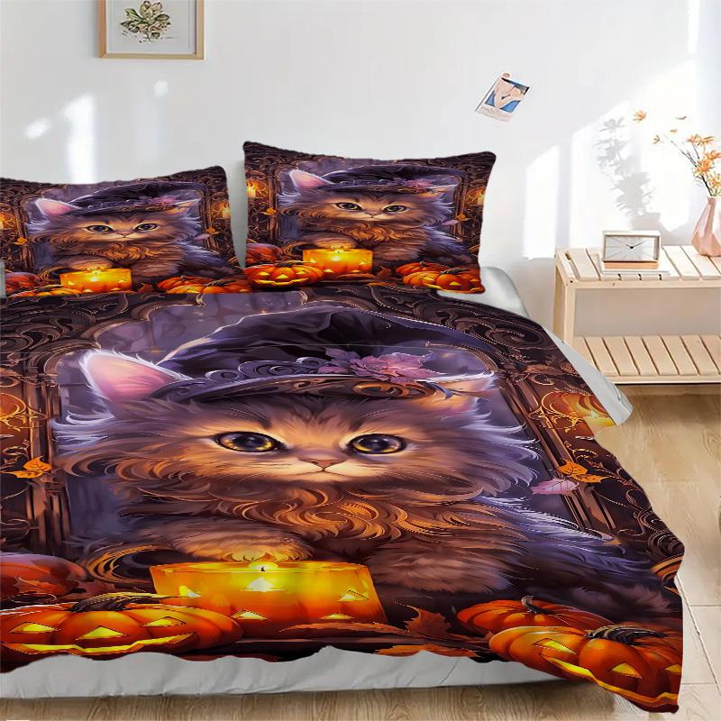 3pcs Witch Hat Kitty Art Duvet Cover Set -Includes 1 Duvet Cover and 2 Pillowcases, No Quilt Core, All-Season Home Decor  yy251111119