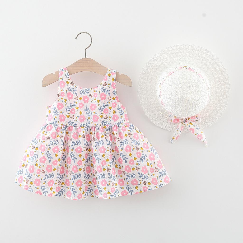 Summer Girls Cotton Princess Dress With Hat Large Bowknot Front Cute Kids Clothing For Little Girl Party Wear