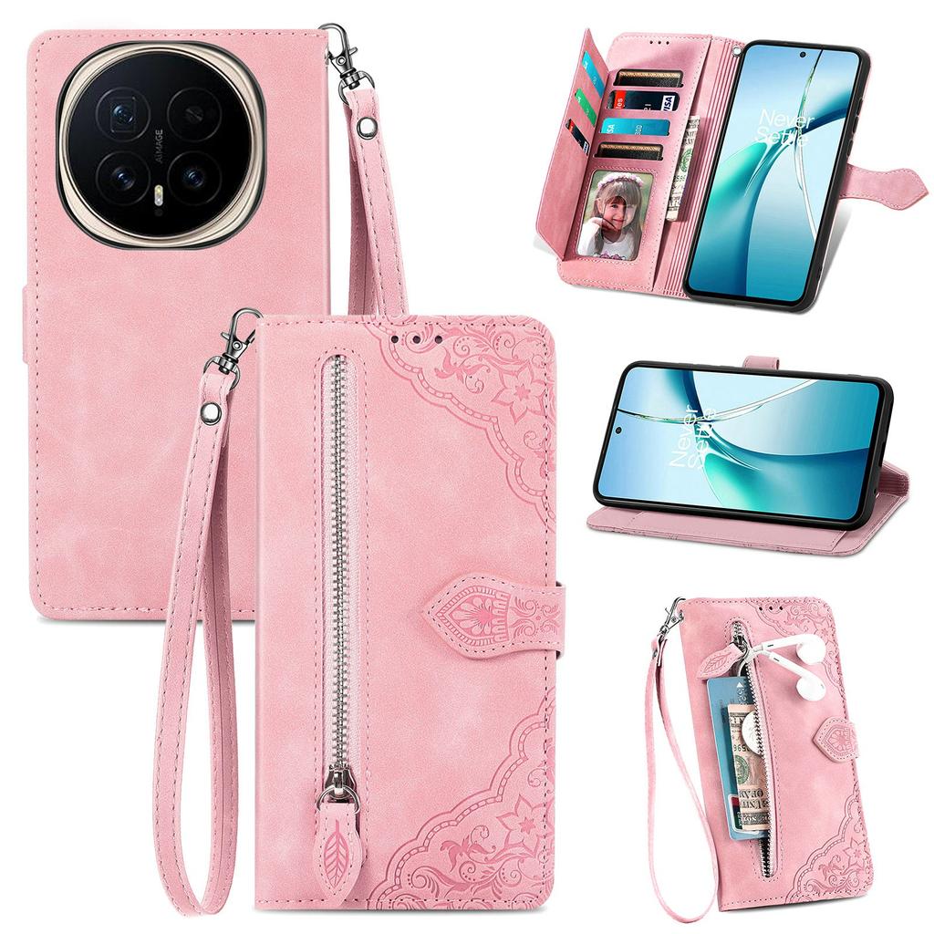 For Honor Magic8 5G Zipper Wallet Case with Strap Flower Imprint PU Leather Phone Cover