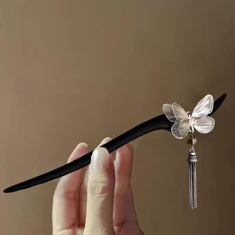 Elegant Silver Butterfly Tassel Hairpin - Modern Minimalist Design
