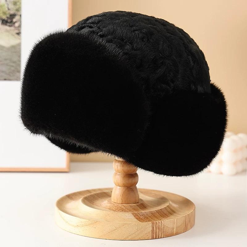

Mink Hair Hat Female Winter Ear Protection Fur Hat Warm Mom Dad Whole Mink Beret Cold Cotton Hat Male M（56-58cm）