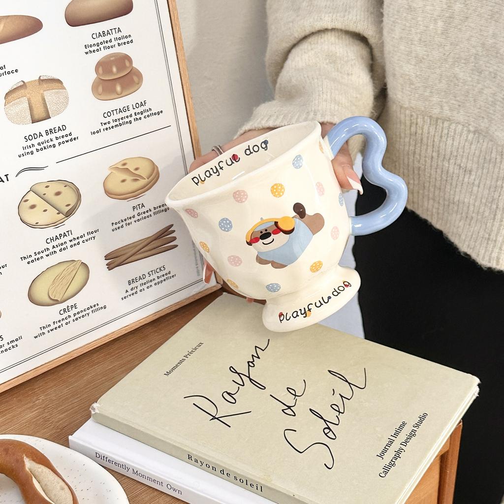 Ins Wind Puppy Mug with Lid Spoon Goblet Ceramic Water Cup Girls Cup Office Coffee Breakfast Cup Cup