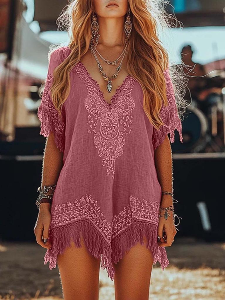 2026 Spring/Summer 3D Print Deep V-Neck Irregular Tassel Dress