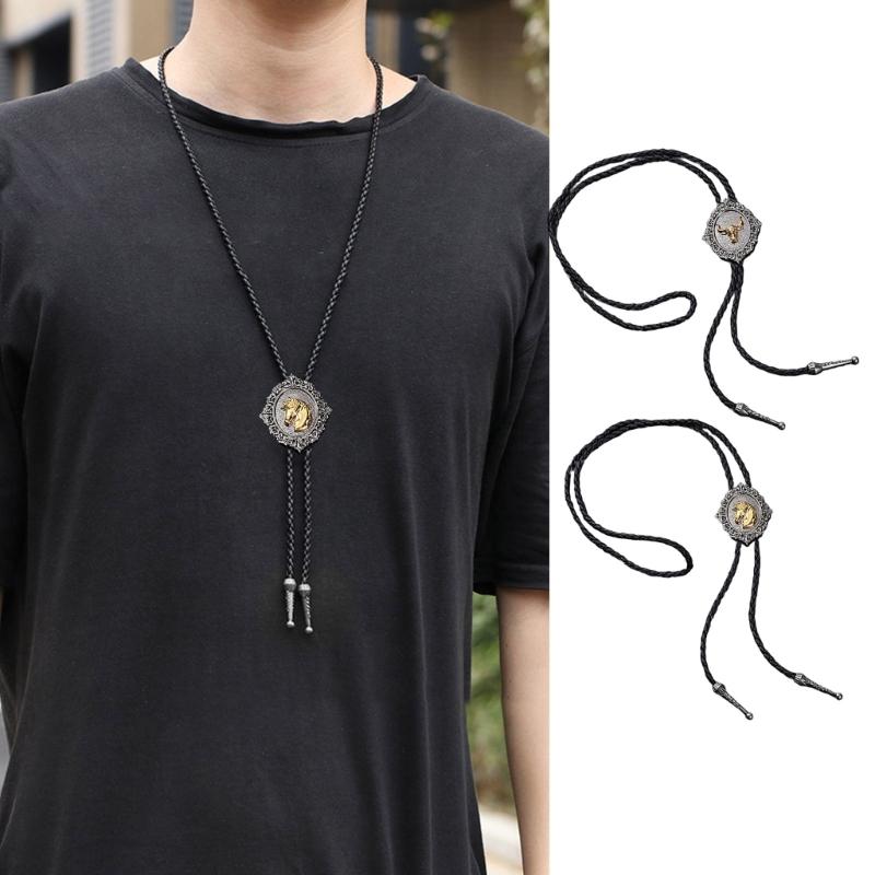 Handmade Jewelry Bolo Tie Western Cowboy Artificial Leather Rope Necktie with Vintage Cow Horse Badge Pendant Necklace