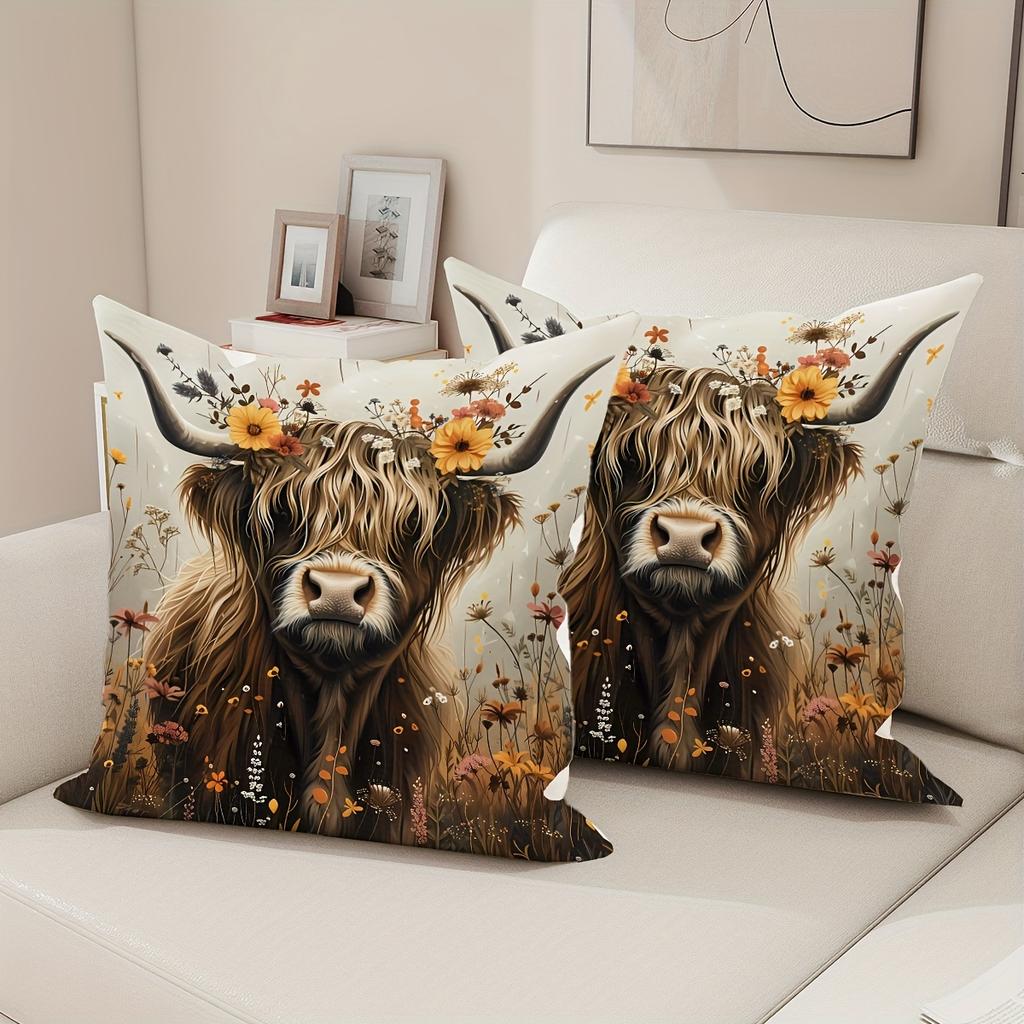 2pcs 2D Flat Highland Cow Pillowcase, Plant Print, Nordic Style Cushion Cover, Living Room, Bedroom Sofa Decoration