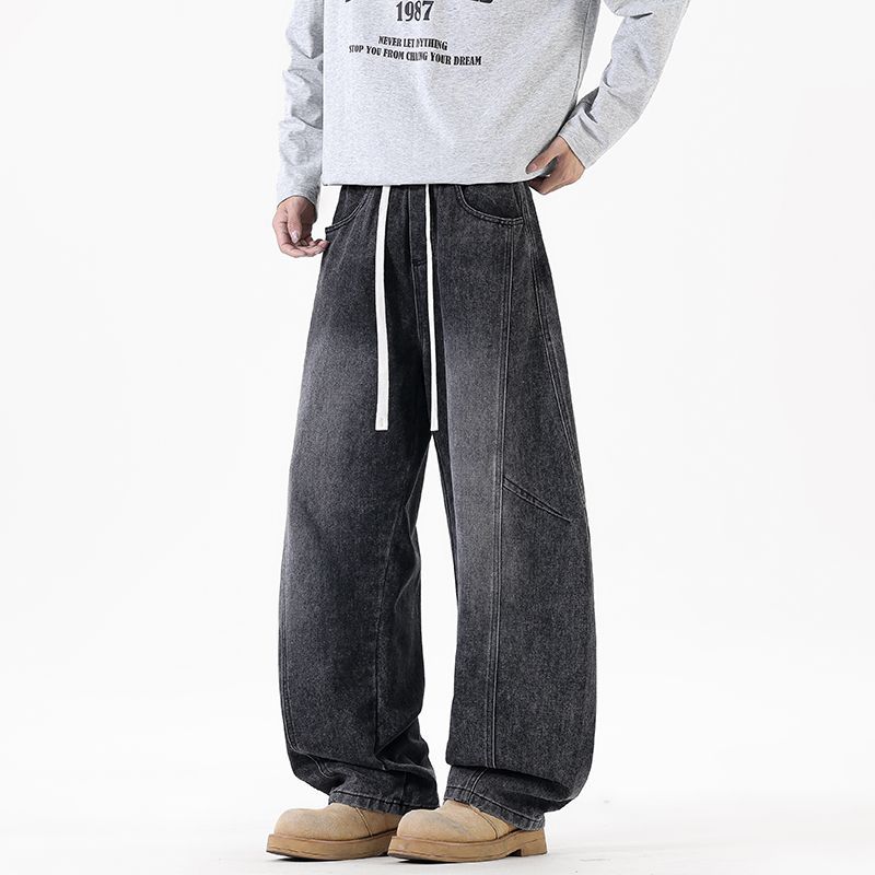 American retro trendy brand splicing scimitar jeans men's trend loose wide legs drape elastic waist long pants men
