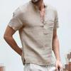 New Cotton and Linen Short-sleeved Men's T-shirt Stand-up Collar Buckle Semi-open Simple Short-sleeved Shirt Men's Summer Solid Color Thin