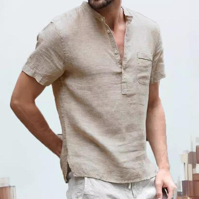New Cotton and Linen Short-sleeved Men's T-shirt Stand-up Collar Buckle Semi-open Simple Short-sleeved Shirt Men's Summer Solid Color Thin