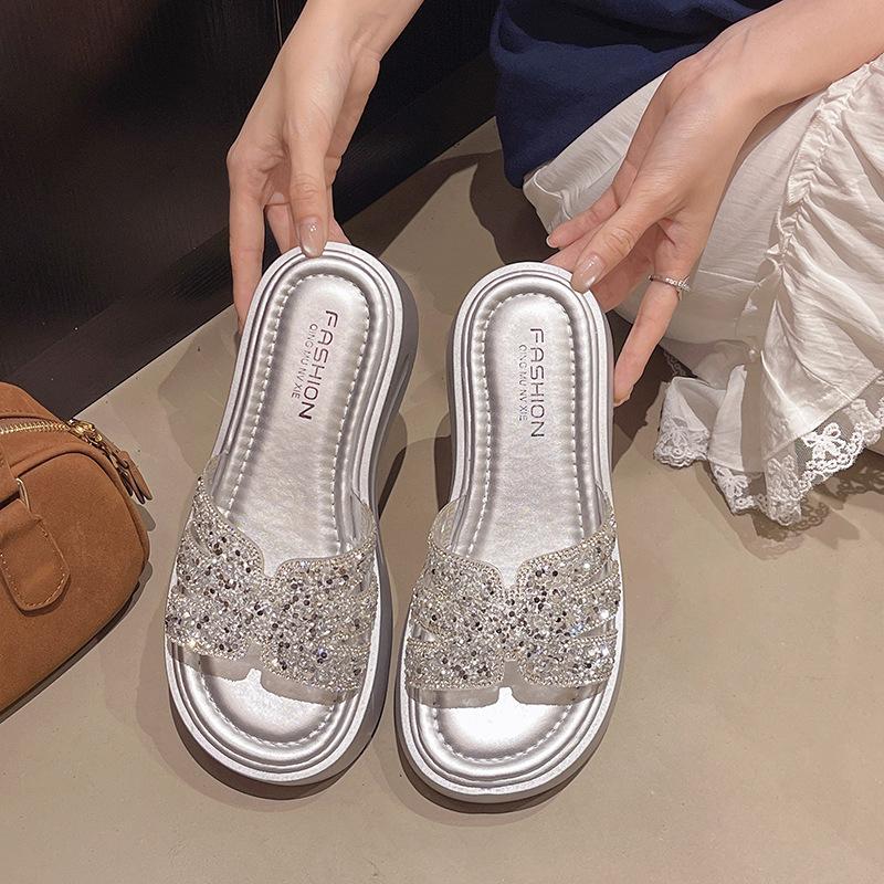 

Slope heel rhinestone cool slippers women s high heel soft leather Korean version thick bottom H half drag summer outer wear muffin bottom one-wor 35