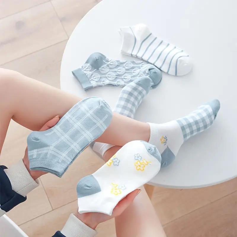 5 Pairs Blue & White Cute Socks , Mixed Pattern Socks Pack ,Women's Stockings & Hosiery
