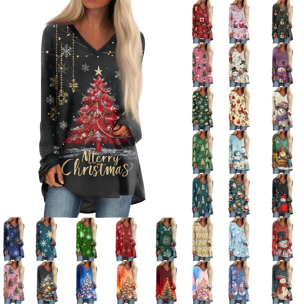 Ladies' Fashionable Casual Christmas Printed T-shirt Long Sleeved V-neck Mid Length Top