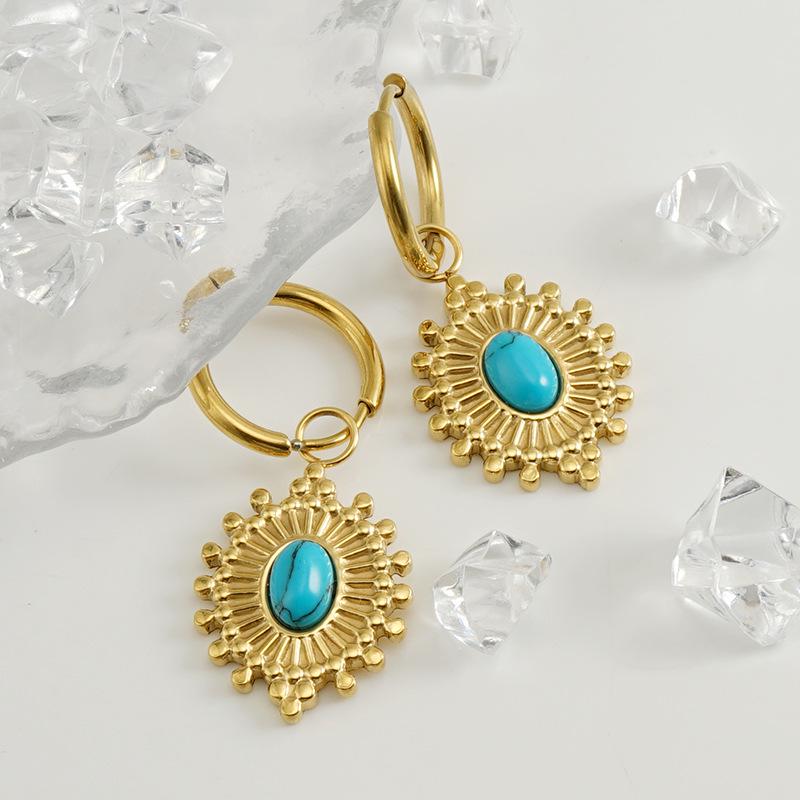 Stainless Steel Blue Turquoise Sunflower Earrings – Simple Retro Design for Women