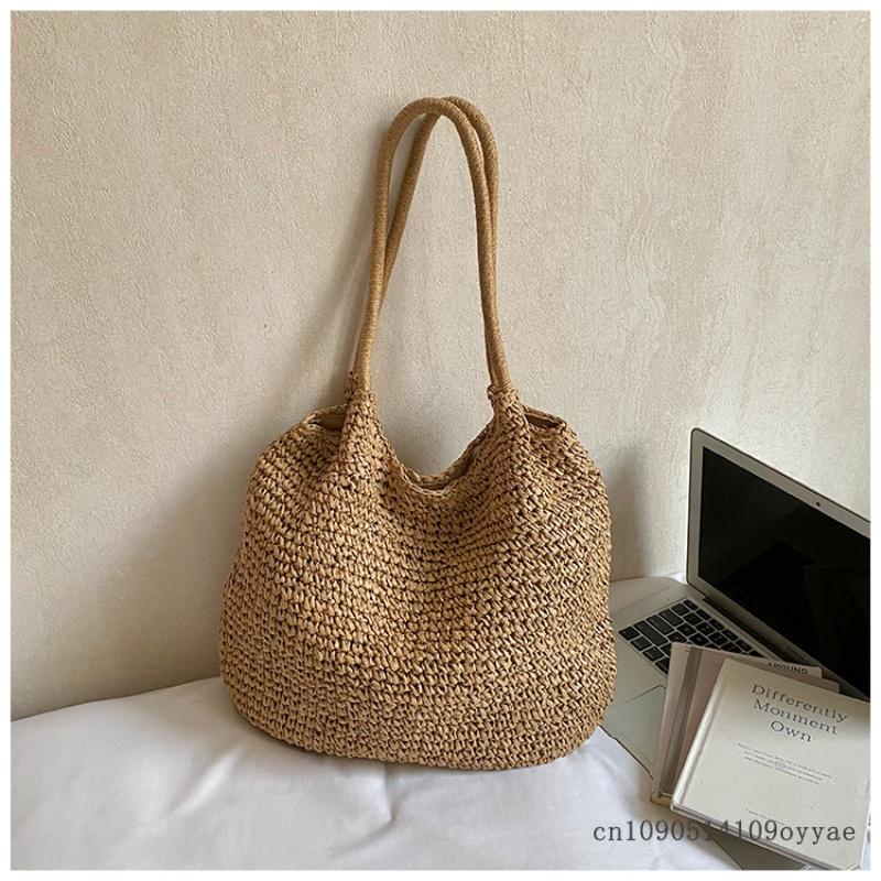 Fashion Women's Straw Tote Bag Large Capacity Woven Beach Bag Square Solid Color Casual Shoulder Bag Beach Bag Summer Daily Bag