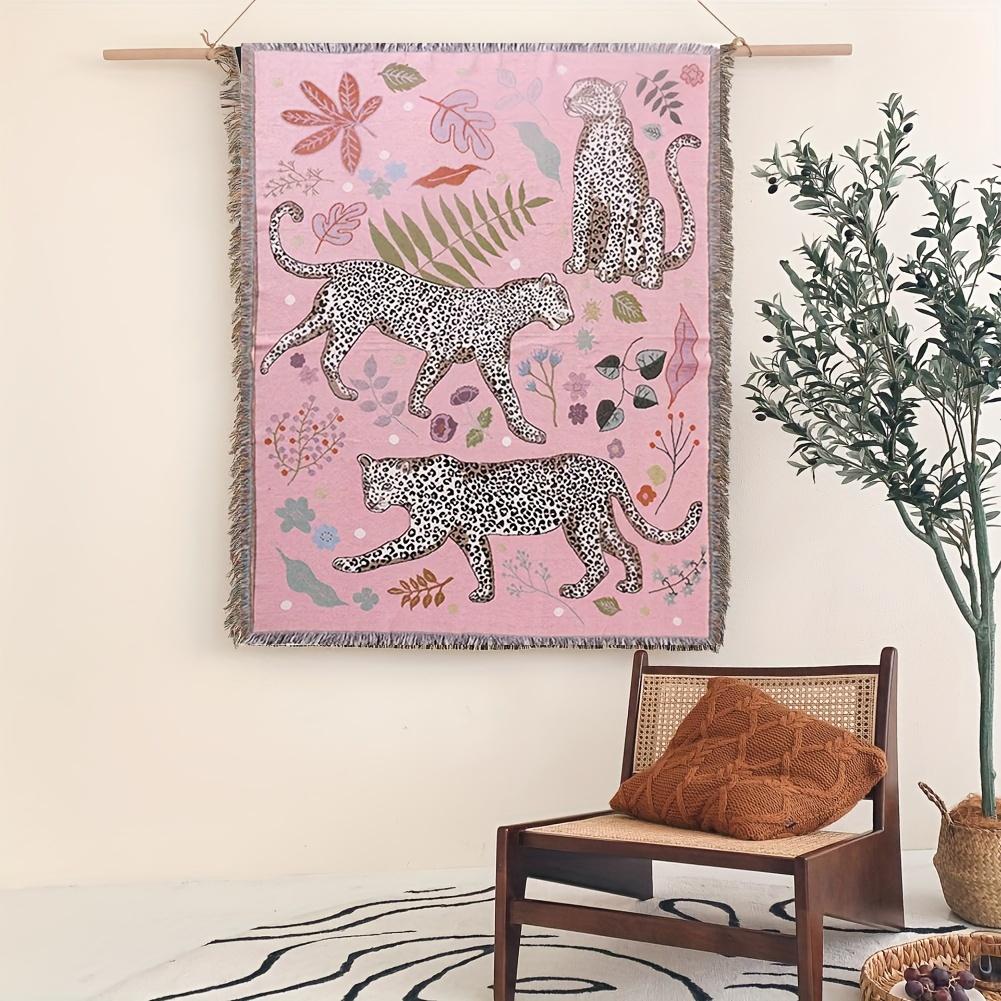 Cotton Polyester  Tapestry Leopard Print Fringe Pink Floral Animal Pattern Sand-Resistant Machine Washable Blanket for Outdoor