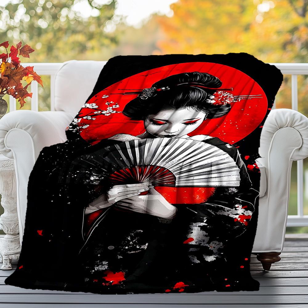 1pc Geisha Sakura Outdoor Flannel Blanket Soft Warm All-Season Throw for Sofa Bed Car Camping Office, Cozy Gift Idea1182S