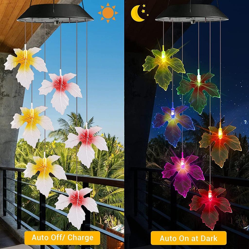 Solar Wind Chimes, Color Changing Solar Maple Leaf Wind Chimes, LED Mobile Wind Chimes, Waterproof Outdoor Wind Chime Lights for Garden, Patio,