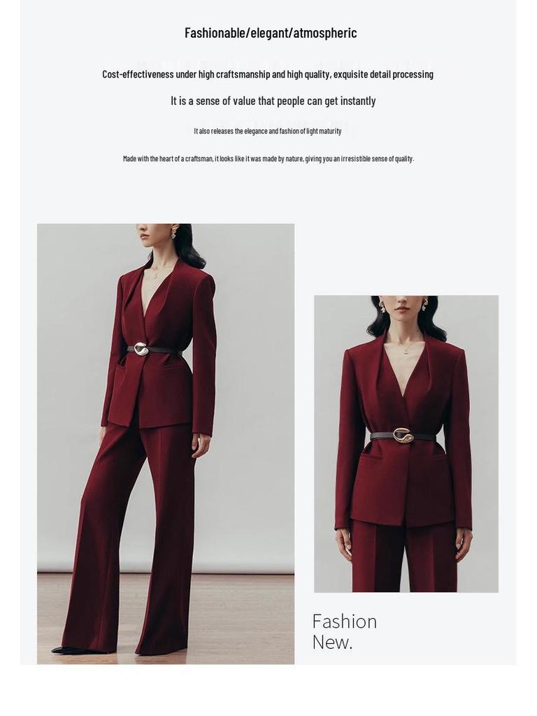 Women's Burgundy High-End Suit Set: Spring/Autumn 2025 Street Style with Wide-Leg Pants