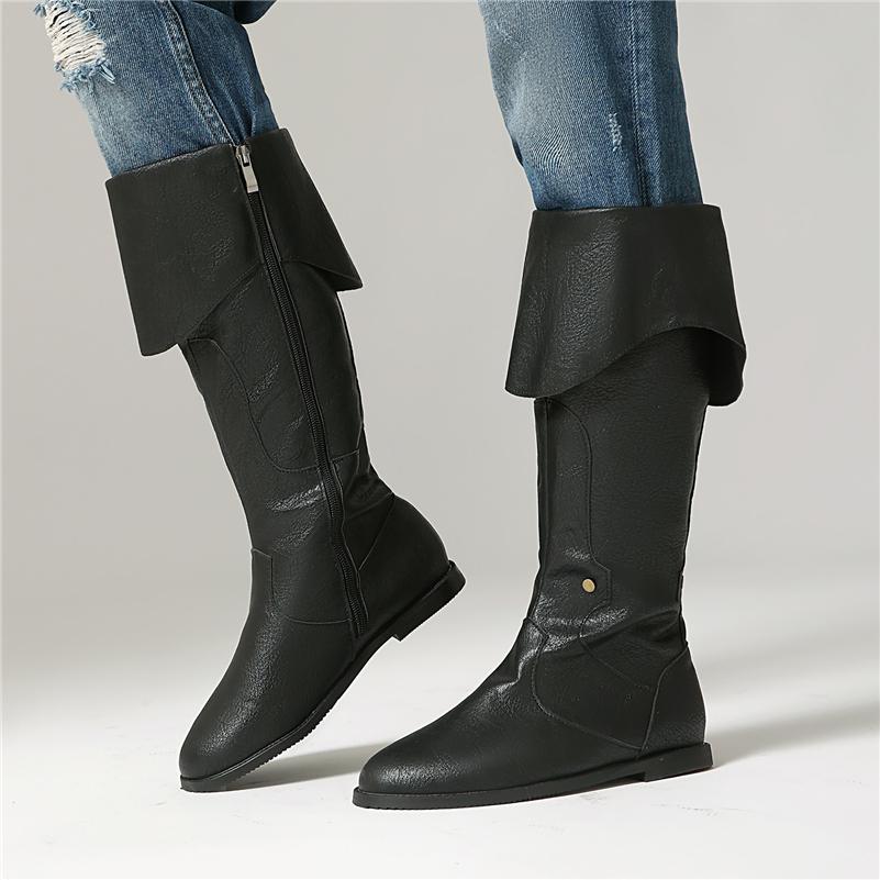 Women Mid Calf Boots Round Toe Flats Zipper Concise Design Ladies Fashion Casual Shoes Autumn Winter Khaki Brown 46