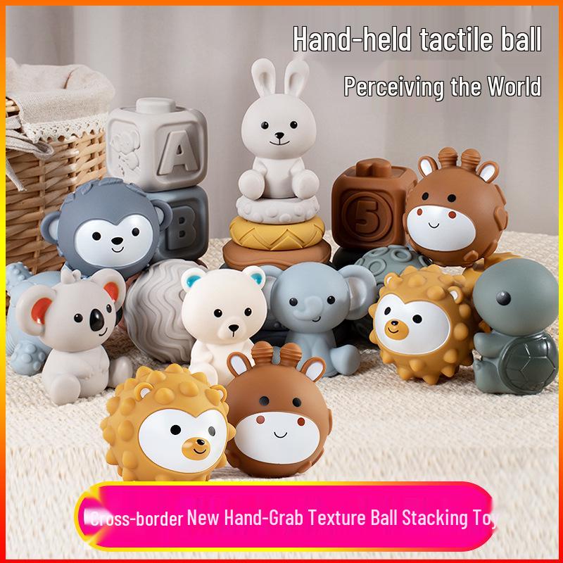 Soft Rubber Baby Hand-Grip Ball, Building Blocks & Stacking Rings Toy Set