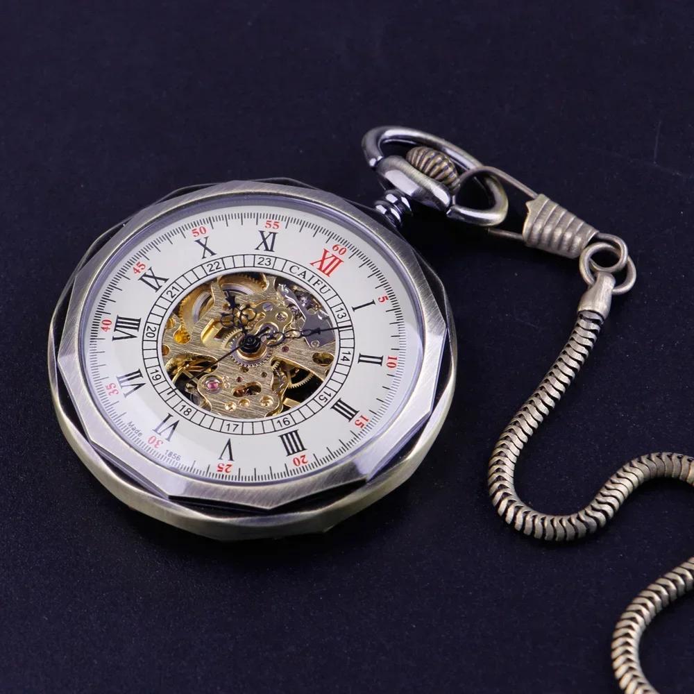 Elegant Vintage Roman Numerals Men's Mechanical Pocket Watch Hand Winding Movement Open Face Pocket Chain Timepiece Male