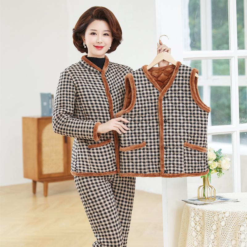 Women's Winter 3-Piece Set: Silk Cotton Coat & Outerwear for Middle-Aged