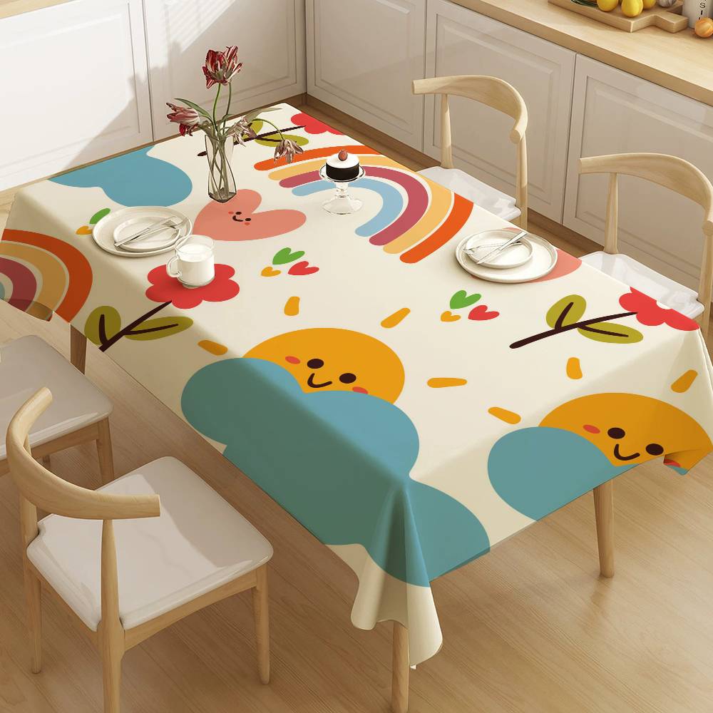 Cloud Rainbow Cartoon Waterproof Rectangle Tablecloth Fiesta Home Decor Dining Room Decor Reusable Table Cover Party Supplies