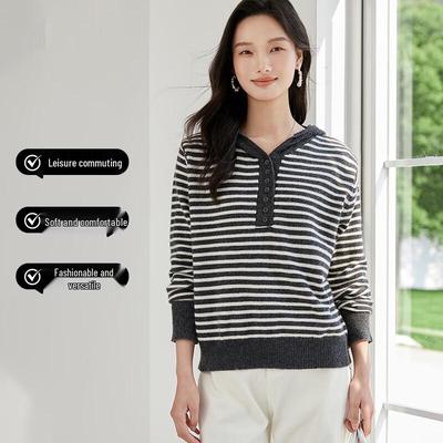Han Du Yi She Wool Blend Crochet Hooded Striped Sweater