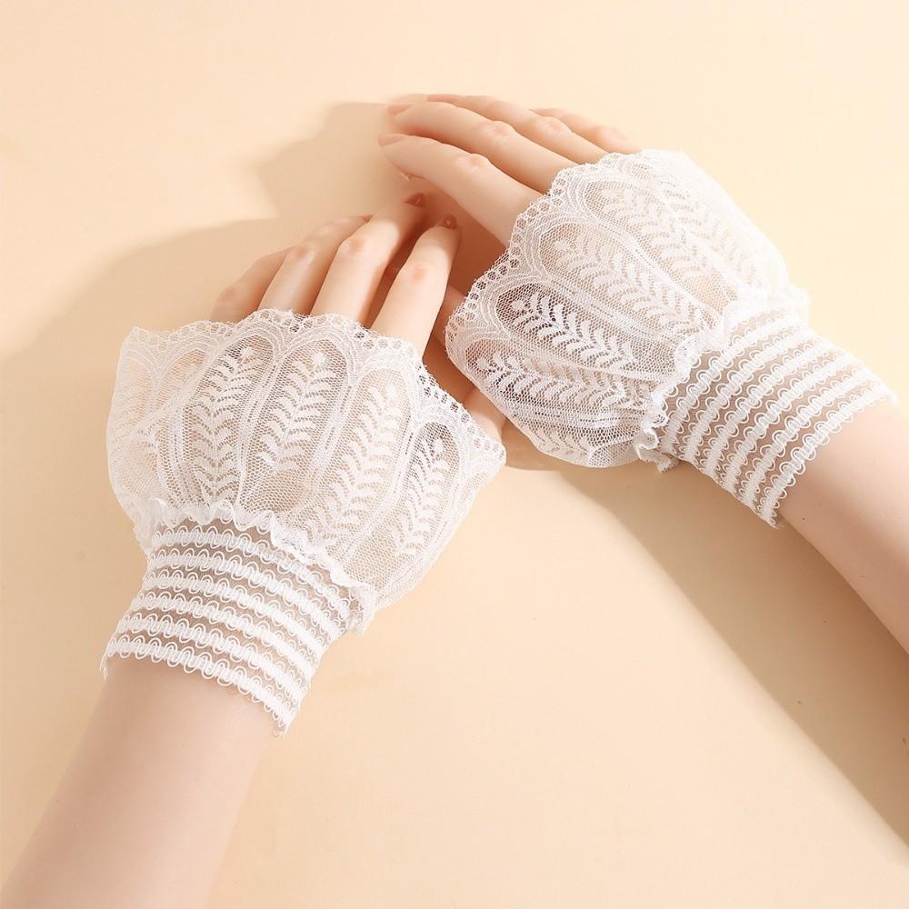 1 Pair Versatile Elegant Fake Cuffs Detachable Embroidery Pattern Lace Sleeves Thin Solid Color False Cuffs For Women