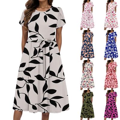 Damen Sommer Mode Rundhals Lässig Pflanzen Floral Print Kurzarm Kleid