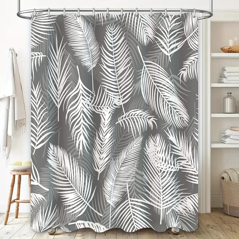 White Palm Tree Print Shower Curtain Modern Bathroom Decor Waterproof Fabric for Bathrooms