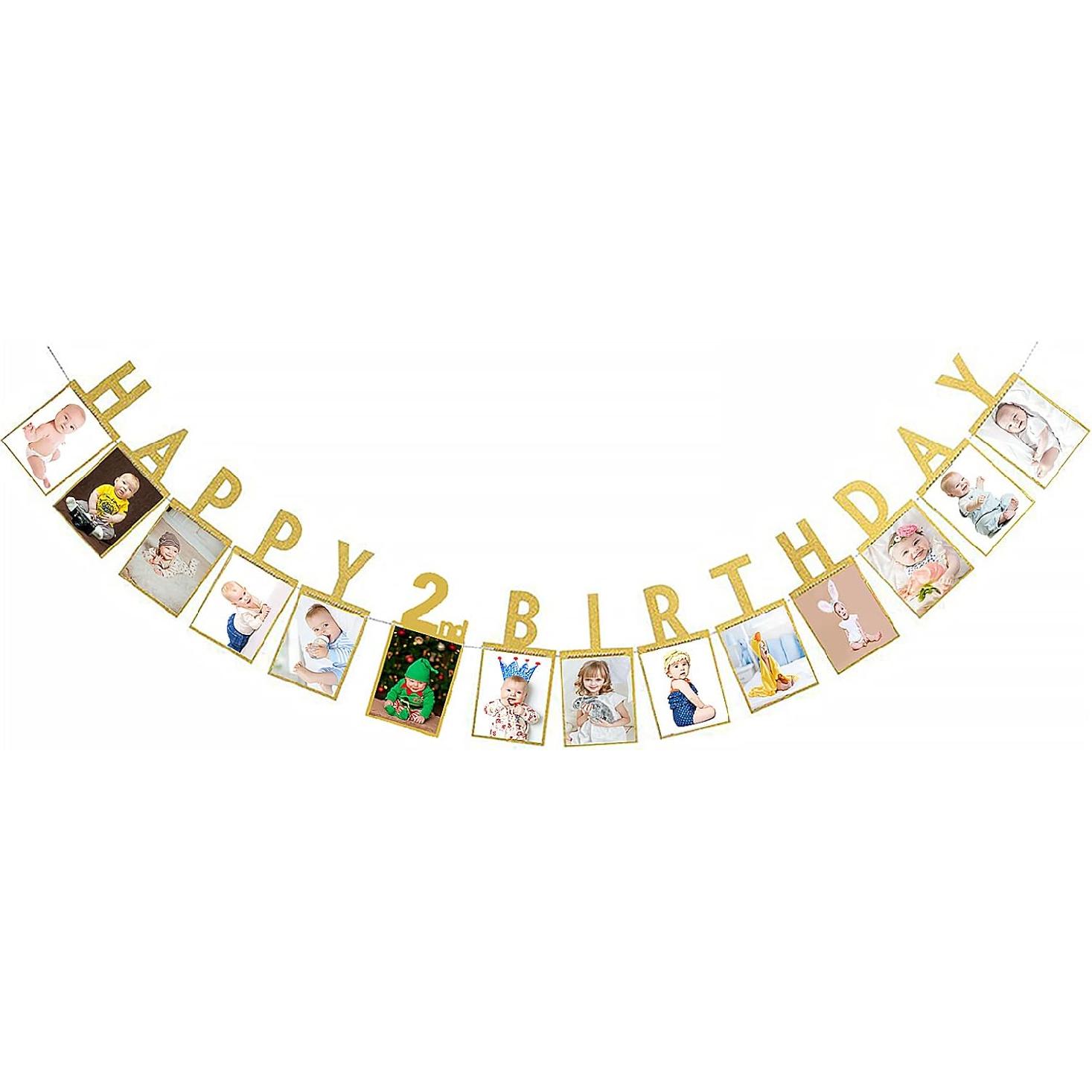 Labakita Happy 2nd Birthday Photo Banner, Baby Boy or Girl s 2nd Birthday Party Decorations Supplies Photo Frame Photo Banner, Two Years Old Bday